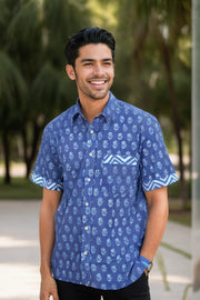 Indigo Handblock Print Pre-Washed Pure Cotton Shirt 10074398