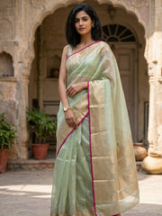 Minted Olive Green Banarasi Tissue Organza Saree With Tribal Motifs Zari Border 10076564