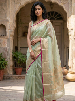 Minted Olive Green Banarasi Tissue Organza Saree With Tribal Motifs Zari Border 10076564