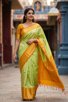 Green Korvai Kanjivaram Pure Silk Saree with Contrast Border 10077906