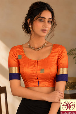 Saffron Glow Orange Kanjivaram Soft Silk Blouse With Geometric Motifs 10076619