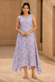 Blossom Pink Hand Block Printed Cotton Dress 10077629