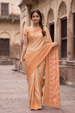 Peach Chikankari Embroided Kota Cotton Saree 10078110
