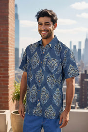 Blue Half Sleeve Ajrakh Printed Cotton Mens Shirt 10072987