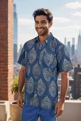 Blue Half Sleeve Ajrakh Printed Cotton Mens Shirt 10072987