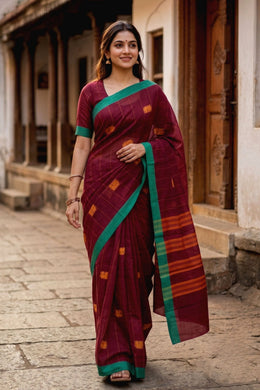 Maroon Handloom Chettinad Cotton Saree 10077332