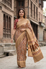 Cream Kani Printed Silk Saree 10077872