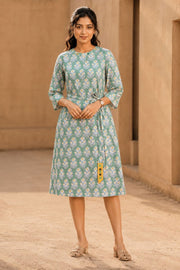 Sage Green Hand Block Printed Cotton Dress 10077620