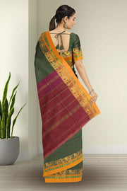 Jungle Green Thousand Buttas Chettinad Cotton Saree With Peacock Border 10076561