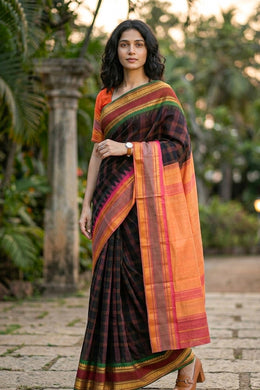 Black Gadwal Kuttu Silk Saree With Temple Border 10077045