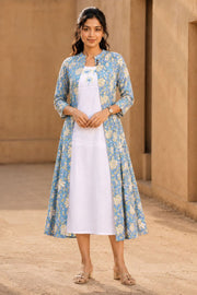 White Embroidered Midi Coat Cotton Dress with Blue Jacket 10077646