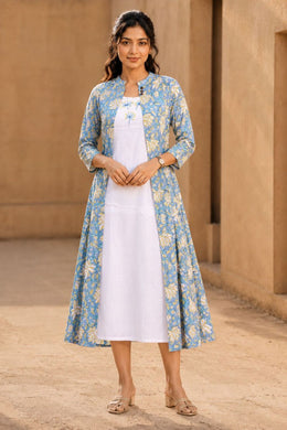 White Embroidered Midi Coat Cotton Dress with Blue Jacket 10077646