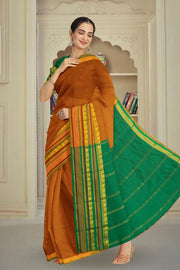 Kanjivaram Vegan Viscose Silk Saree Browny Orange Color and Traditional Design 10075543