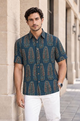 Blue Half Sleeve Ajrakh Printed Cotton Mens Shirt 10071086