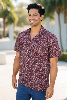 Marron Half Sleeve Jahota Printed Cotton Mens Shirt 10074310