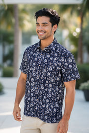 Blue Half Sleeve Jahota Printed Cotton Mens Shirt 10074323