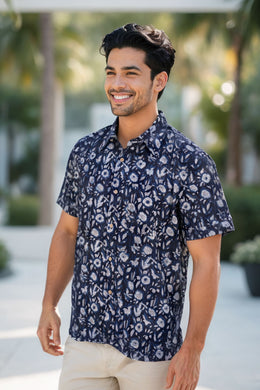 Blue Half Sleeve Jahota Printed Cotton Mens Shirt 10074323