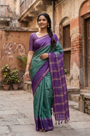 Teal Green Semi Tussar Saree with Zari Border 10078209