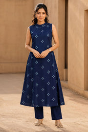 Navy Blue Handloom Cotton Dress with High Neck Design 10077635