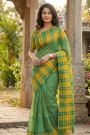 Teal Green Gadwal Kuttu Silk Saree With Checks Border 10077046