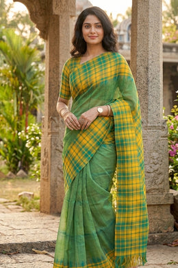 Teal Green Gadwal Kuttu Silk Saree With Checks Border 10077046