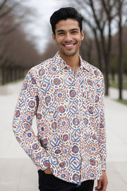 Cream Full Sleeve Ajrakh Printed Cotton Mens Shirt 10071160