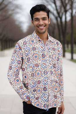 Cream Full Sleeve Ajrakh Printed Cotton Mens Shirt 10071160