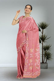 Pink Handloom Jamdani Linen Saree 10074654