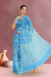 Blue Parrot Motifs Chanderi Printed Silk Cotton Saree 10075927