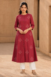 Maroon Hand Embroidered Cotton Kurta 10077661