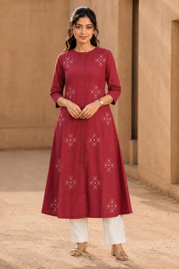 Maroon Hand Embroidered Cotton Kurta 10077661