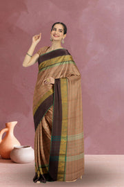 Brown Handloom Chettinad Cotton Saree Without Blouse 10075125