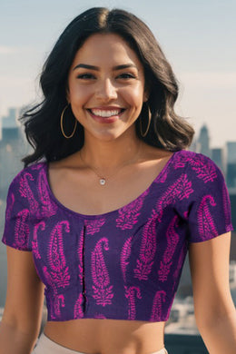 Purple Kutchi Hand Block Printed Cotton Blouse 10074473