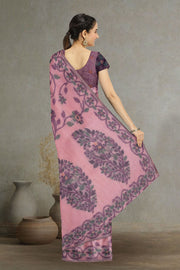 Pink Handloom Jamdani Linen Saree 10074665