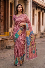 Pink Printed Semi Tussar Silk Saree With Tribal Motifs 10076269