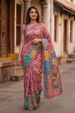 Pink Printed Semi Tussar Silk Saree With Tribal Motifs 10076269