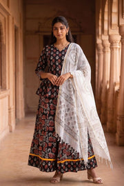 Brown Hand Block Printed Chaniya Choli with Kota Doria Dupatta 10066313