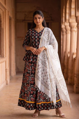 Brown Hand Block Printed Chaniya Choli with Kota Doria Dupatta 10066313