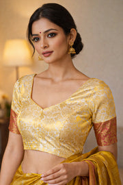 Sand Pearl Cream Kanjivaram Soft Silk Blouse With Floral Motifs And Floral Border 10076625
