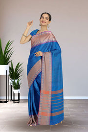 Blue Handloom Chettinad Cotton Saree Without Blouse 10075154
