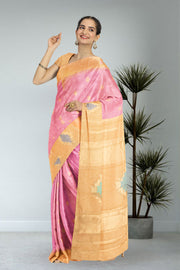 Kanjivaram Vegan Viscose Silk Pink Color Jute Style Finish 10075595