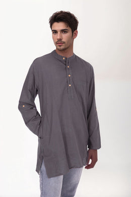 Grey Full Sleeve Slub Cotton Solid Style Men's Kurta 10074254