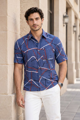 Blue Half Sleeve Ajrakh Printed Cotton Mens Shirt 10076825