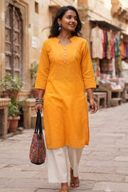 Mango Yellow Handcrafted Slub Cotton Kurta 10077429