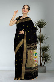 Black Handloom Paithani Cotton Saree with Silk Pallu 10068438