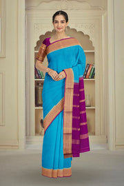 Pacific Blue With Purple Mysore Crepe Silk Saree 10064304