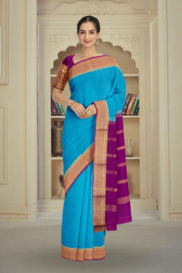 Pacific Blue With Purple Mysore Crepe Silk Saree 10064304