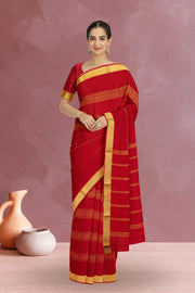 Cherry Red Mysore Crepe Silk Saree With Zari Stripes Design And Zari Border 10076675