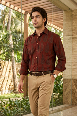 Dark Cherry Maroon Bagh Printed Full Sleeve Men's Cotton Shirt 10076878