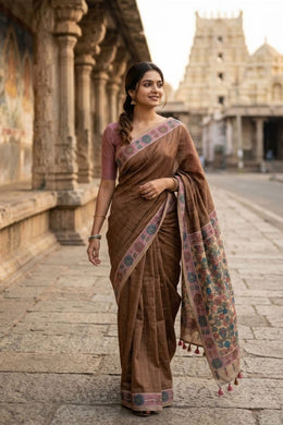 Brown Kalamkari Printed Semi Tussar Silk Saree With Floral Motifs And Floral Border 10076273